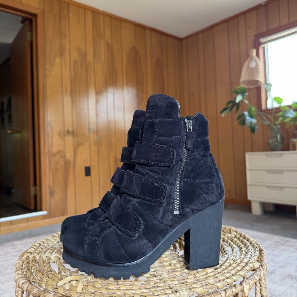 Vintage Prada Moto Boots Black Suede Buckle Strap Lug Sole Women Eu 40.5 - Picture 2 of 16